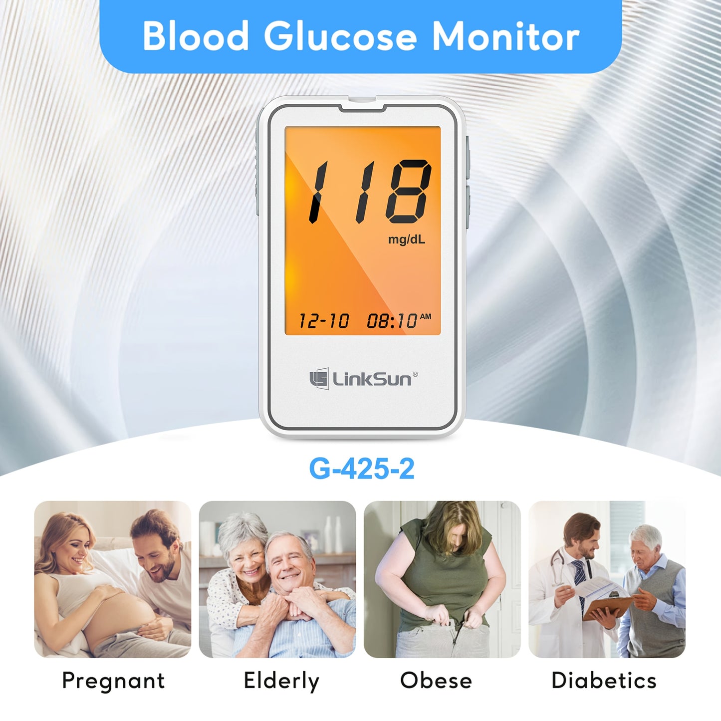 Linksun G-425-2 Blood Glucose Monitor Kit, 100 Blood Glucose Strips, 100 Lancets, 1 Blood Glucose Meter, Lancing Device, No Coding, Large Display