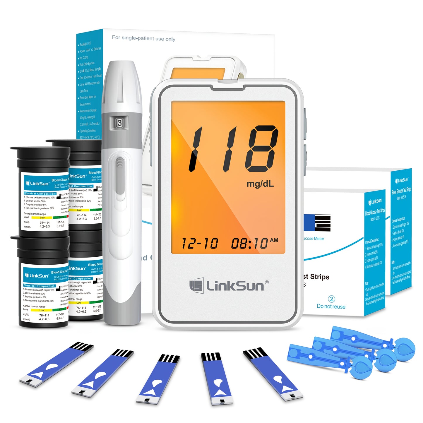 Linksun G-425-2 Blood Glucose Monitor Kit, 100 Blood Glucose Strips, 100 Lancets, 1 Blood Glucose Meter, Lancing Device, No Coding, Large Display